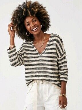 FP Striped Slouchy Boho Cotton Lagenlook Artisy Retro Oversized Weekend Sweater